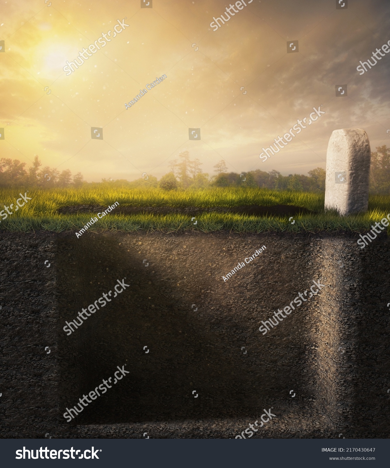 Undeground perspective of a grave with headstone #2170430647