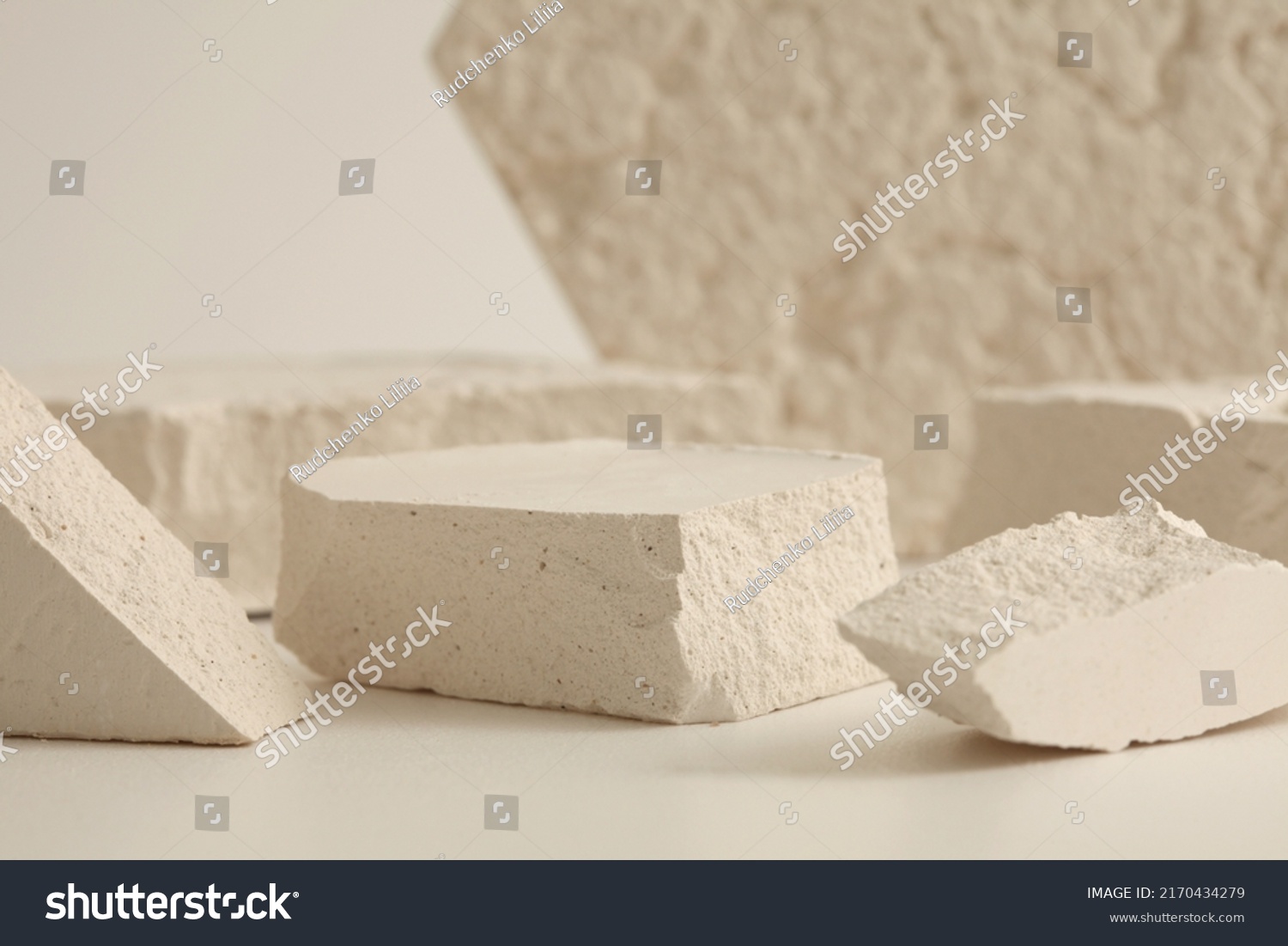 Empty gypsum stone platform eco podium on beige copy space background. Minimal still life display product presentation scene. #2170434279