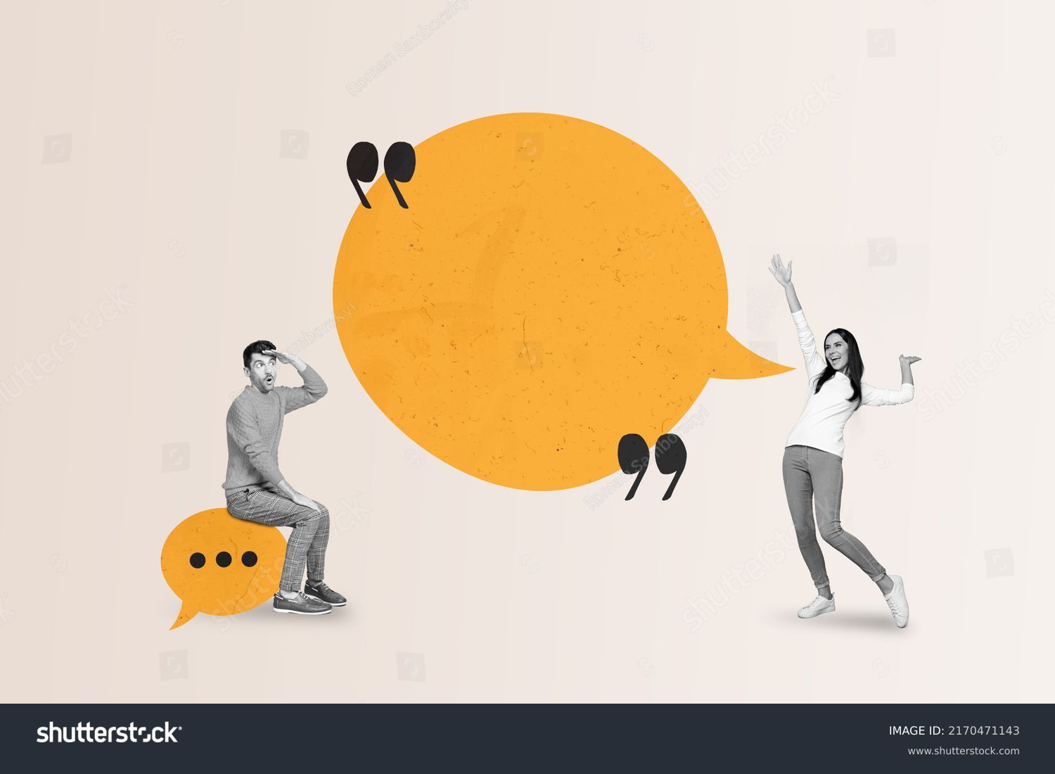 Creative abstract template collage of funny couple white visual effect talking sms empty space isolated beige color background #2170471143