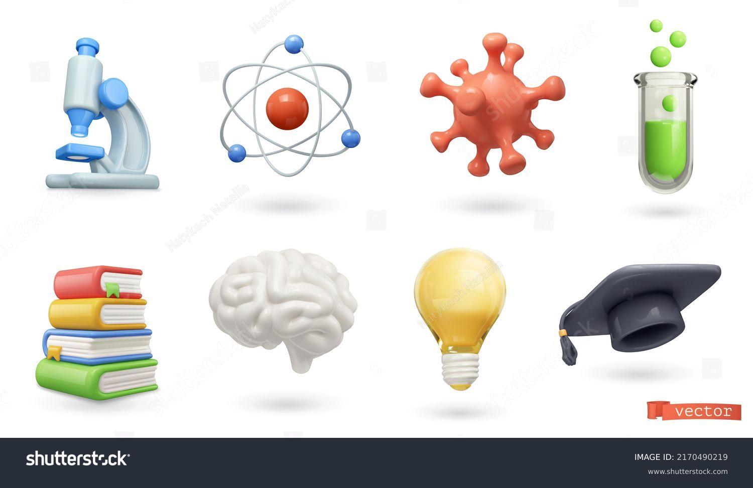 School, science and education icons. Microscope, atom, virus, test tube, books, brain, light bulb, graduation cap 3d render vector set #2170490219