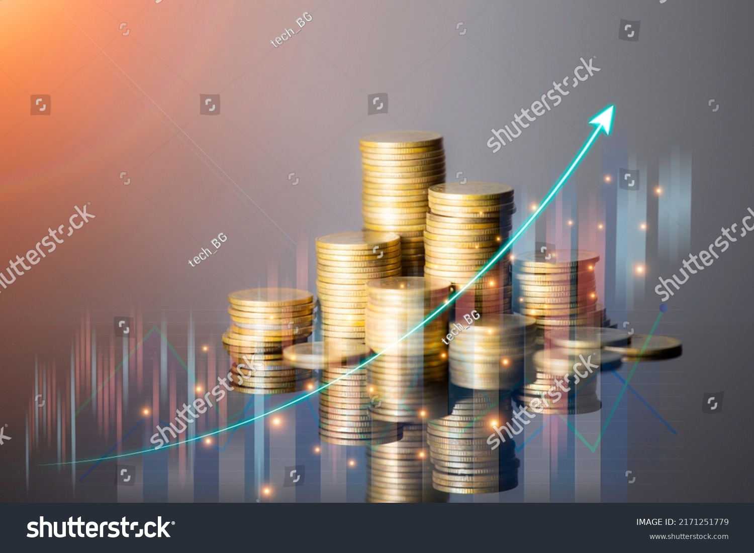 Coins are laid out in graph.Business success concept wealth stock investment.Business in the digital age.Digital transformation for next generation technology.Technology is growing by leaps and bounds #2171251779