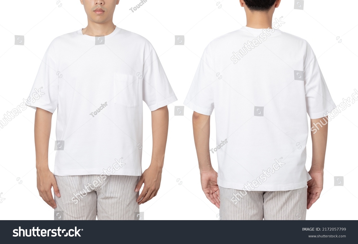 Young man in oversize T shirt mockup isolated on white background with clipping path. #2172057799
