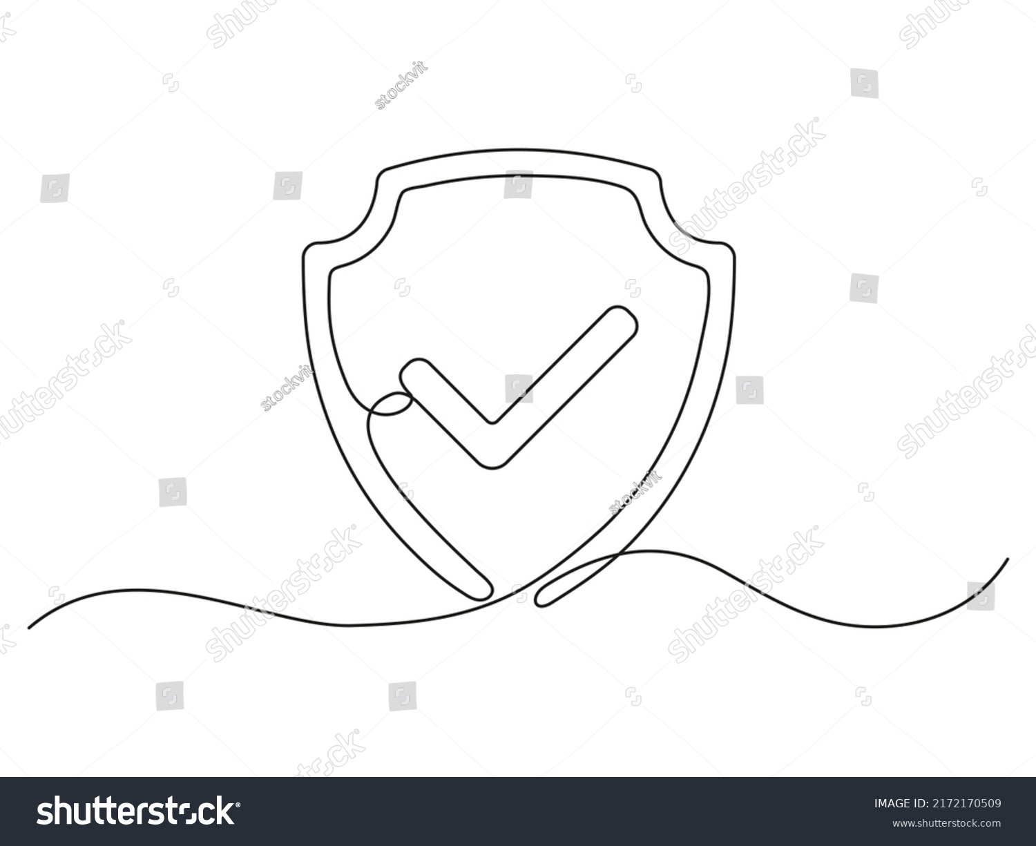 Shield with checkmark continuous line art. Protect linear symbol. Guard drawing sign. Vector isolated on white. #2172170509