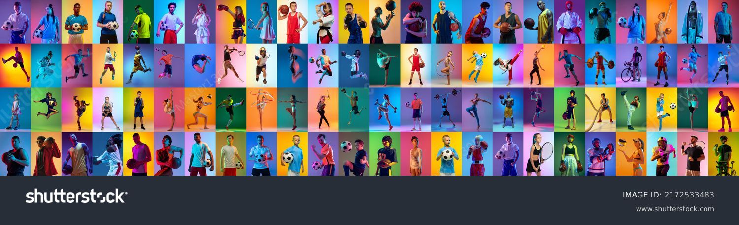 Sport collage of professional athletes on gradient multicolored neoned background. Concept of motion, action, active lifestyle, achievements, challenges. Football, soccer, basketball, tennis, boxing. #2172533483