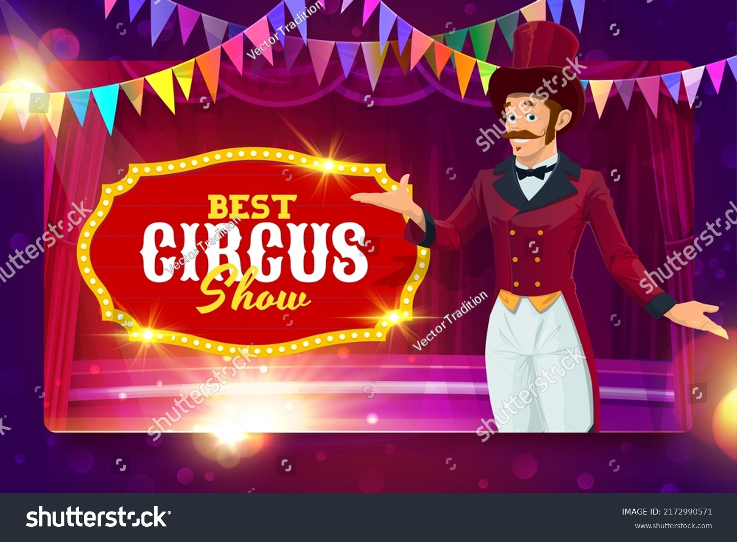 Shapito circus cartoon entertainer on stage, funfair carnival show vector poster. Kids circus performance or ticket booth and web banner with entertainer or performer man in hat and costume #2172990571