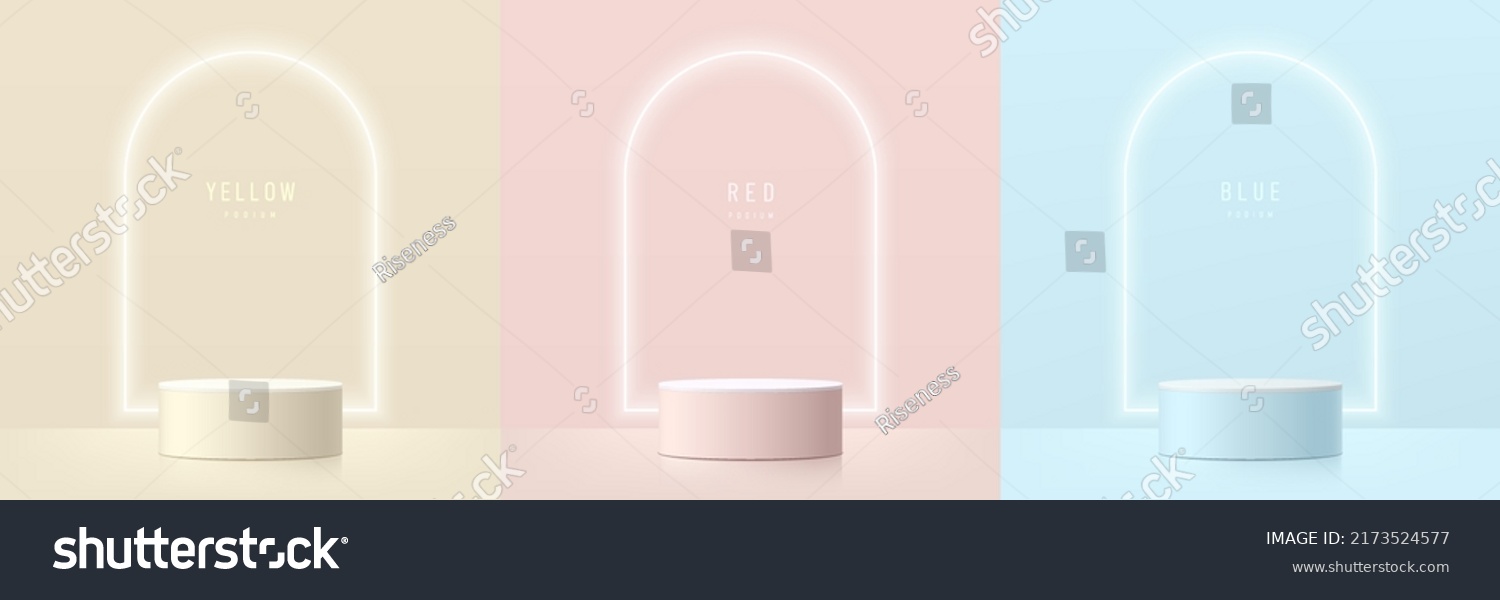 Set of abstract 3D room with beige, blue, pink realistic cylinder podium. Glowing neon light line in arch shape. Vector rendering geometric form. Mockup product display. Minimal scene. Stage showcase. #2173524577
