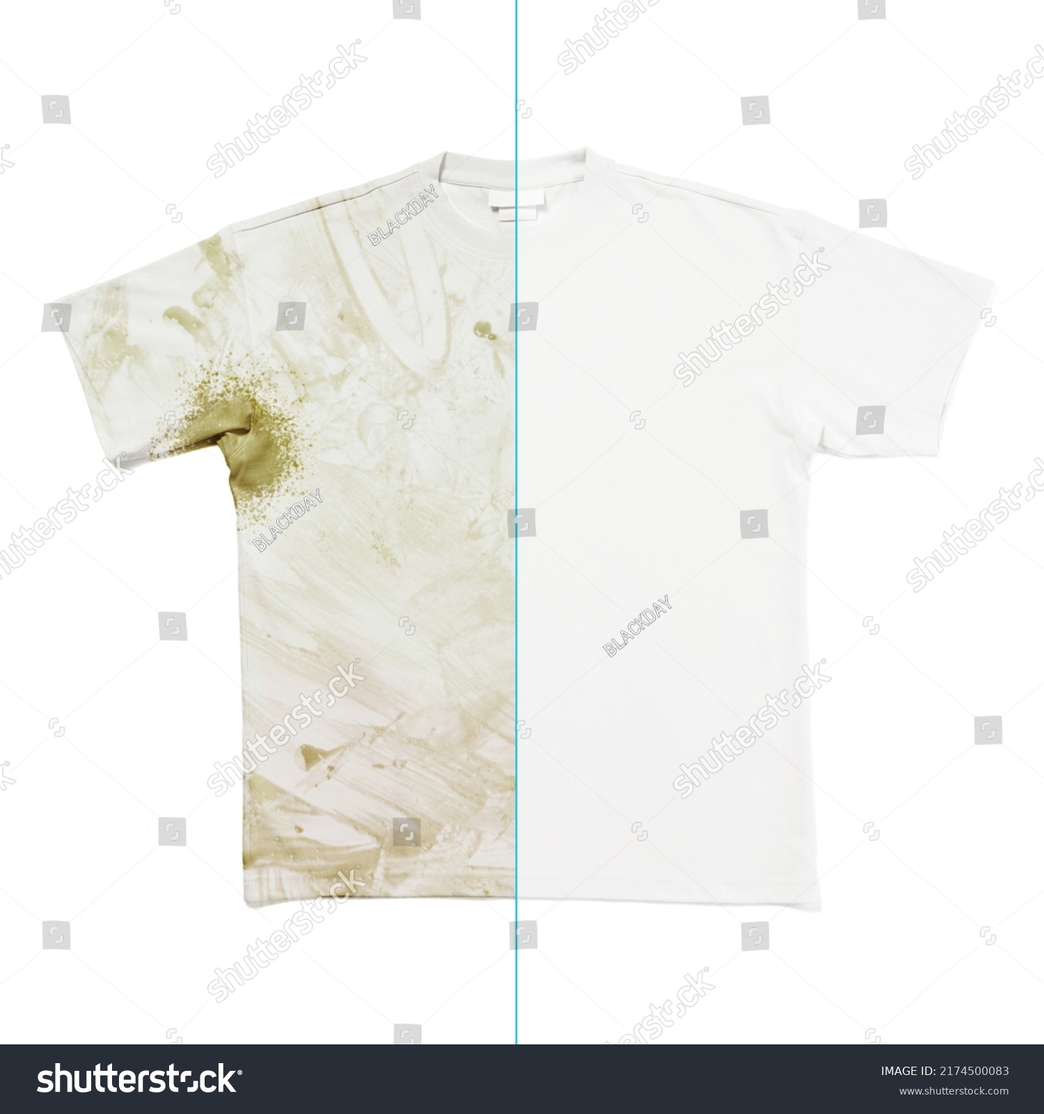 Comparison of white t-shirt before and after using laundry detergent or bleach on white background #2174500083