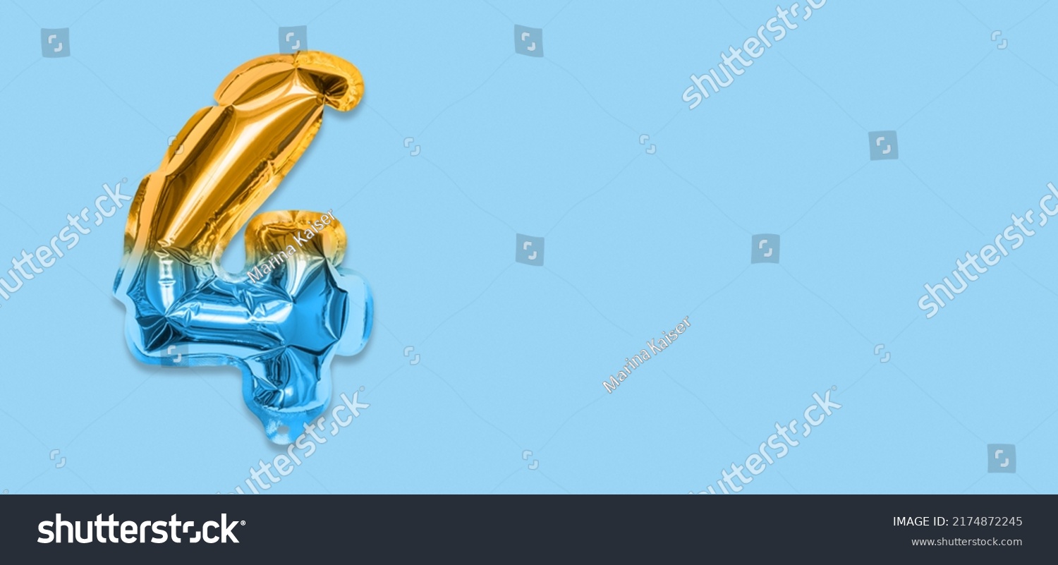 Rainbow foil balloon number, digit four on a blue background. Birthday greeting card with inscription 4. Top view. Numerical digit. Celebration event, template. Banner. #2174872245