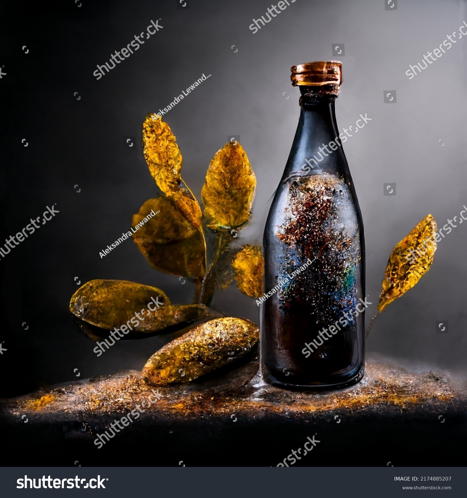 bottle with plants around, recycling, green thinking, 3D. Autumn, medication label.  #2174885207