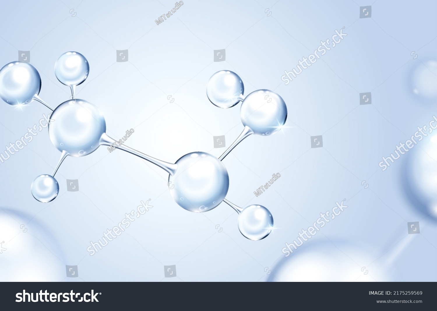 3d glass molecule or atoms on light blue background. Suitable for biochemical, pharmaceutical, beauty and other medical concept. #2175259569