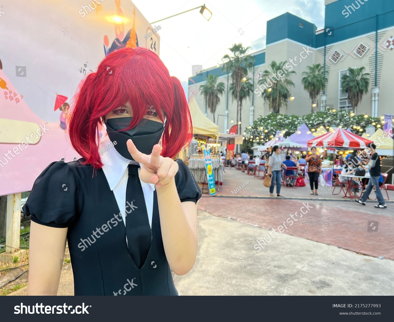 cute Japan anime cosplay, portrait of a girl with the red beryl comic costume, a cosplay girl with red wig and black mask. #2175277993