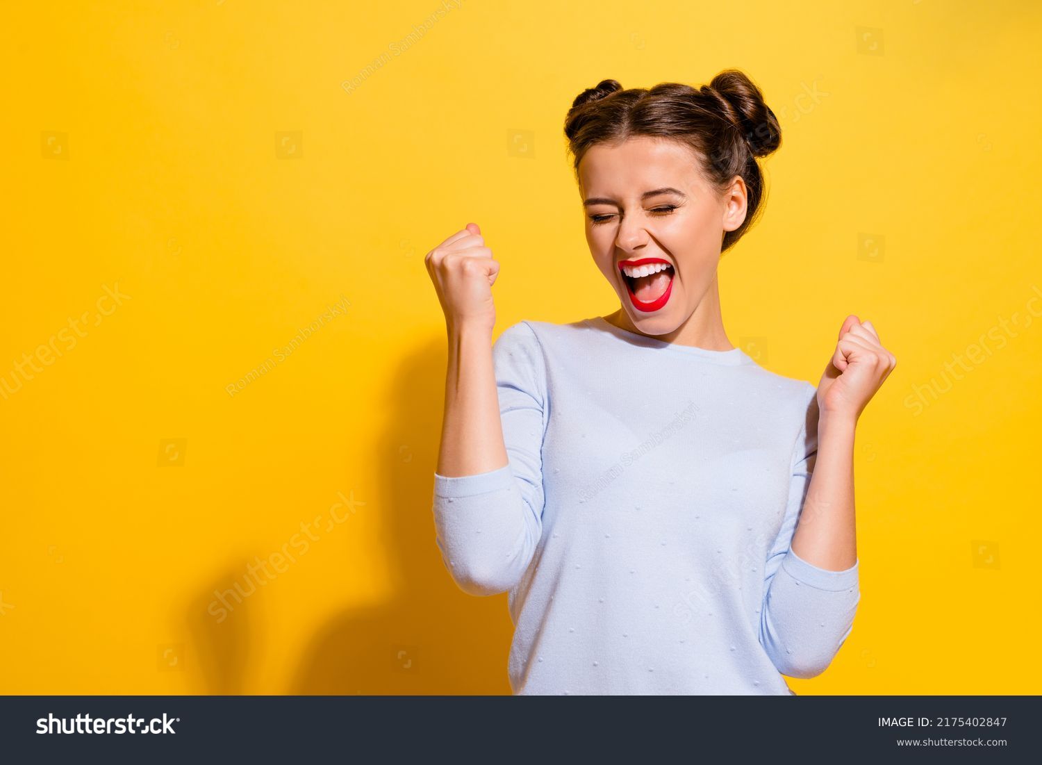 Photo of ecstatic lady shout loud yeah fist up raise win lottery isolated bright shine color background #2175402847