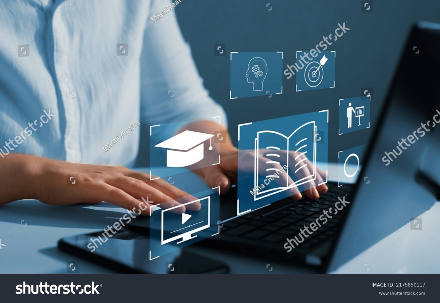 E-learning education, internet lessons and online webinar. Education internet Technology. Person who attends online lessons on a digital screen. #2175850117