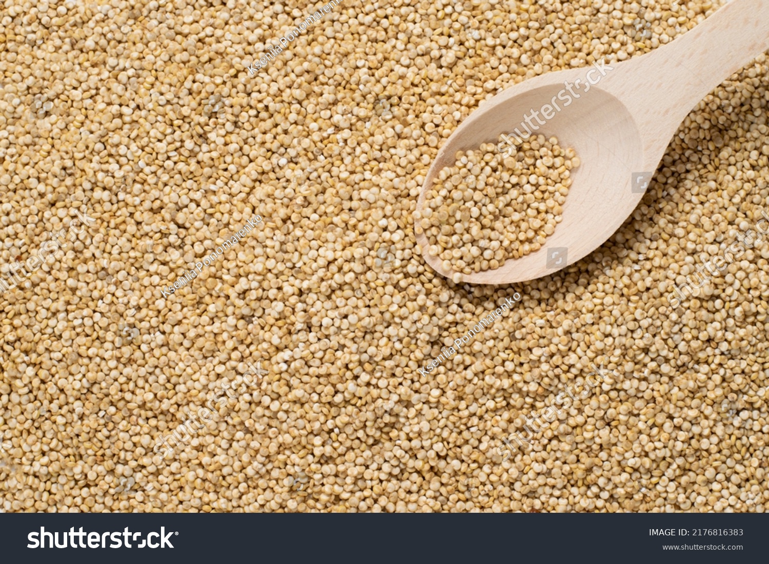 Grains of uncooked white quinoa and a wooden spoon with seeds on it. Top view, space for text, copy space, quinoa grains as texture, background. #2176816383