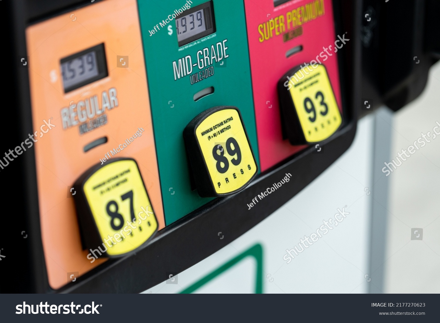 Fuel options at a gas pump at an American gas station fuel petrol oil #2177270623