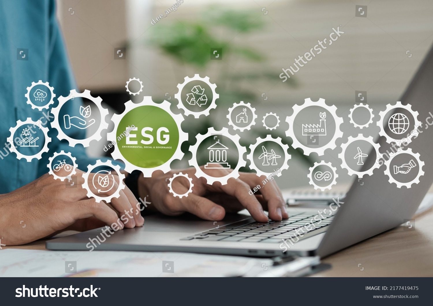 Businessman using computers for environment, society and governance. ESG icon concept in sustainable and ethical business on gimmicks, networked on background. #2177419475