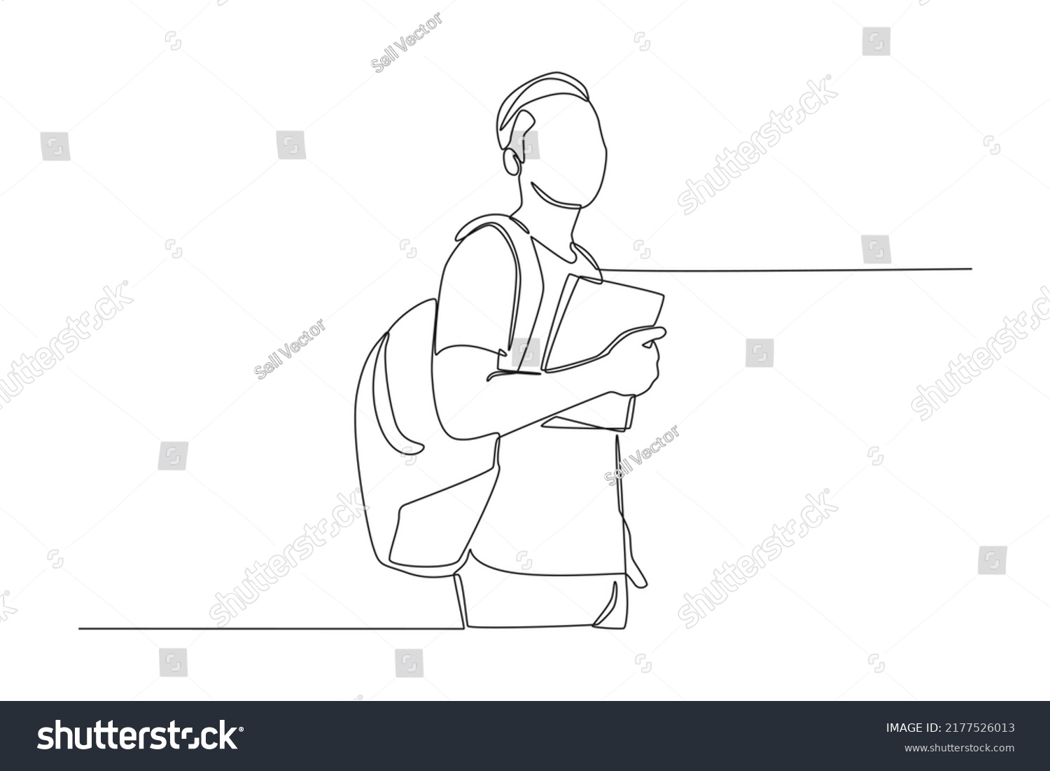 One continuous line drawing of boy student standing with backpack on his back and hold book in his hand. Back to school concept. Single line draw design vector graphic illustration. #2177526013