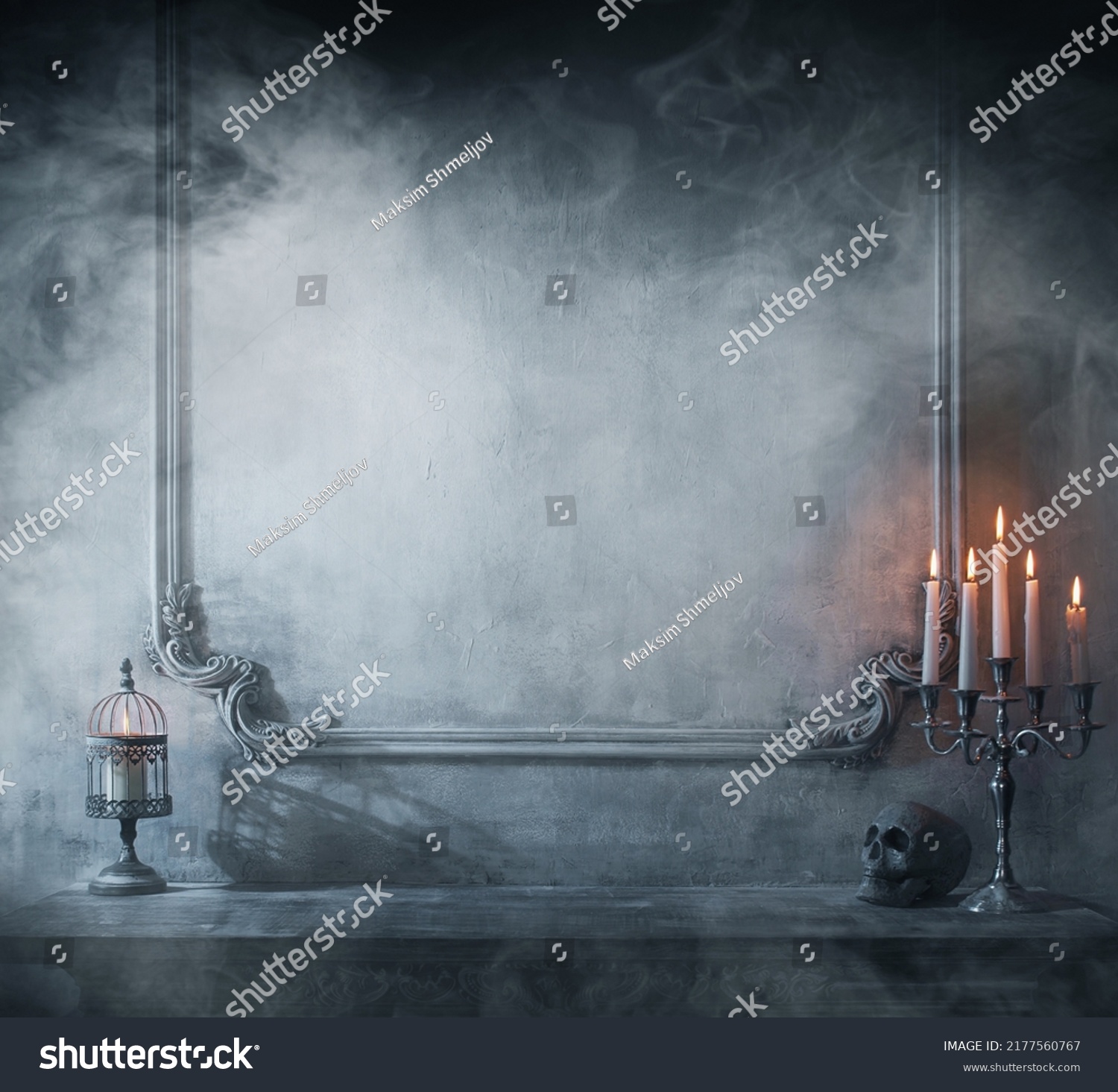 Mystical Halloween still-life background. Skull, candlestick with candles, old fireplace. Horror and witchery. #2177560767