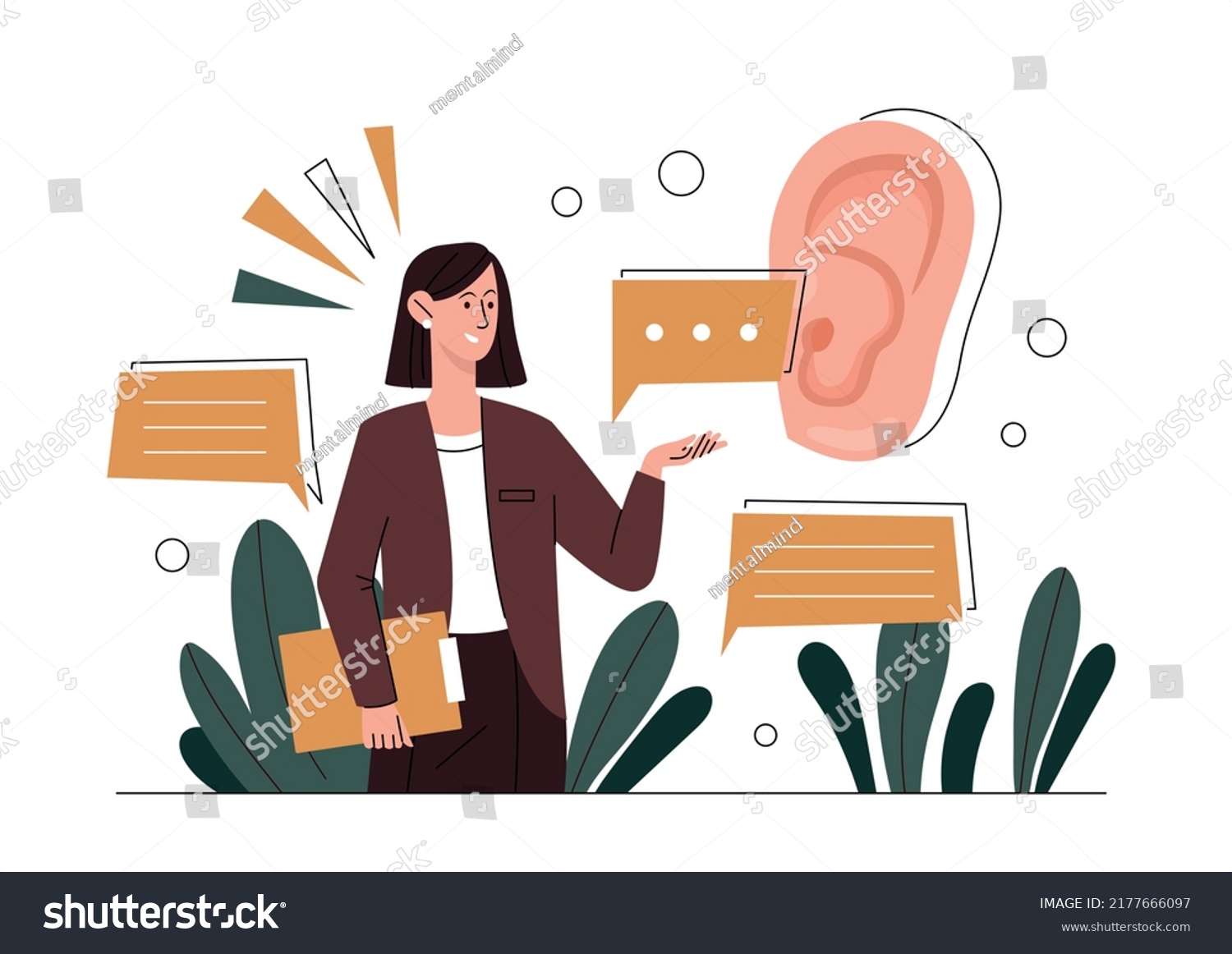 Active listening concept. Attentive character, correct manners, etiquette and courtesy. Young girl next to big ear. Conversation, communication, collaboration. Cartoon flat vector illustration #2177666097