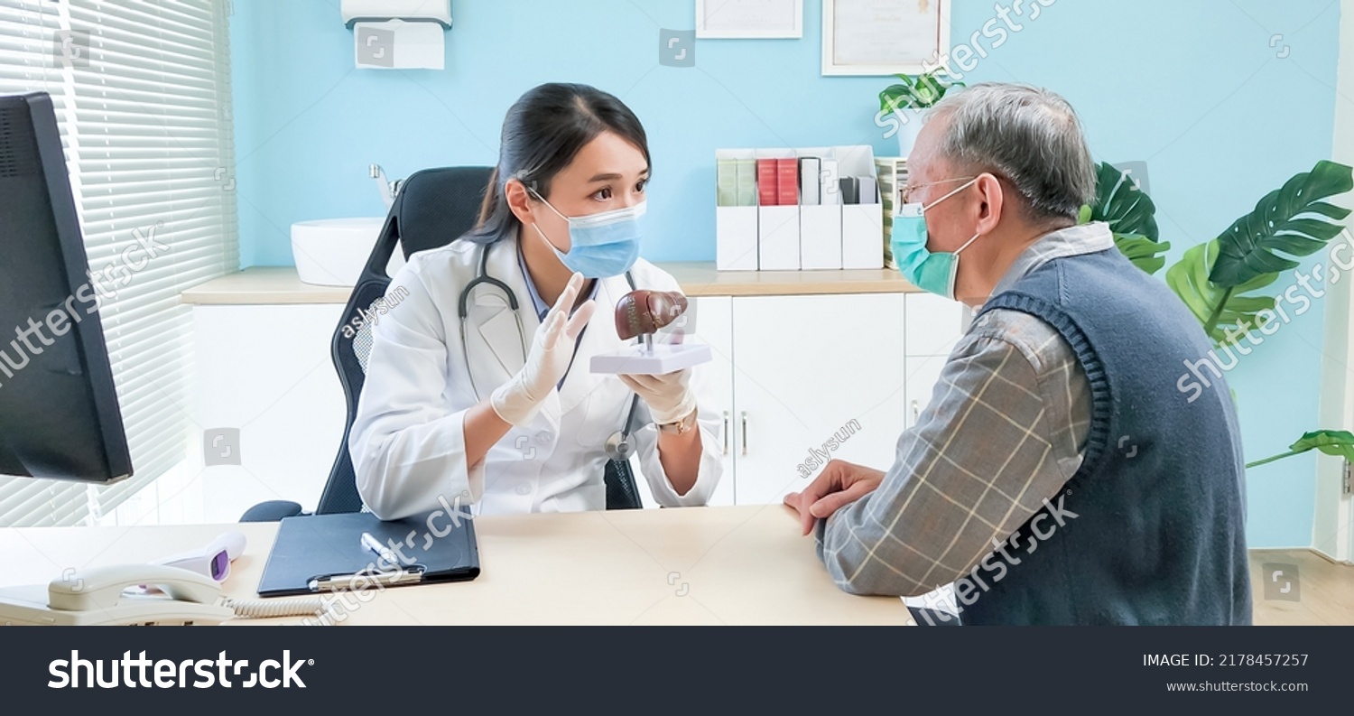 asian female doctor wearing face mask is showing liver model and explaining to elder senior man patient in hospital #2178457257