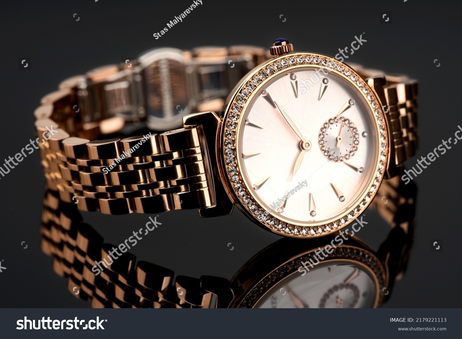 classic chronograph wristwatch. Swiss golden wrist watch. luxury fashion watch stainless steel chrome with geometric dial. Luxury watch. With clipping path. Gold watch.  #2179221113
