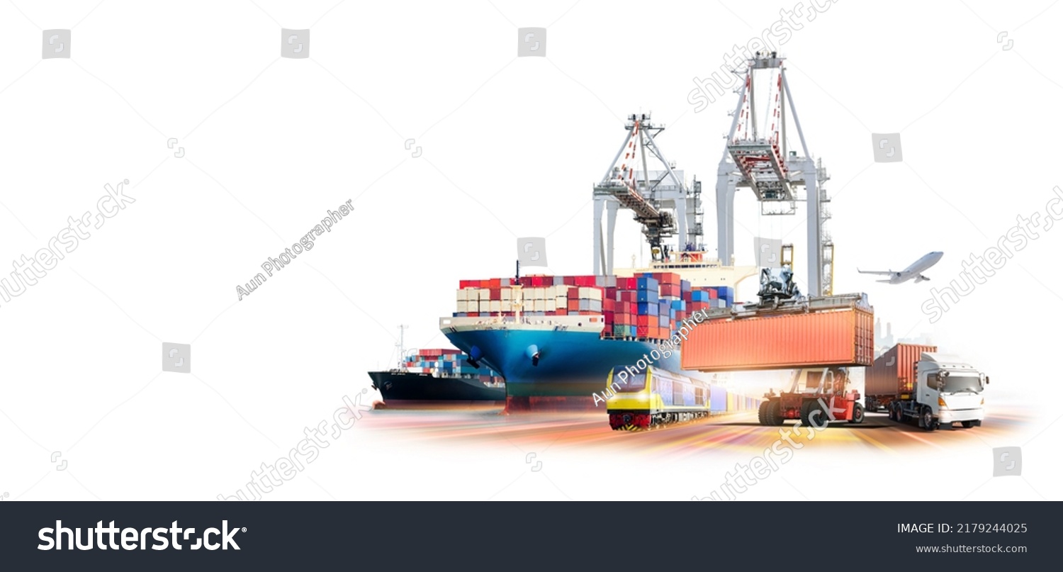 Global business logistics transport import export and International trade concept, Logistics distribution of containers cargo freight ship, Truck and train on white background, Transportation industry #2179244025