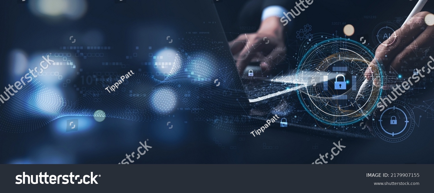Cyber security and data protection. Businessman using digital tablet protecting business and financial data with virtual network connection, smart solution from cyber attack, cybersecurity technology #2179907155