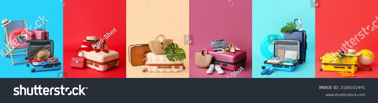 Set of traveler's suitcases and accessories on colorful background #2180032491