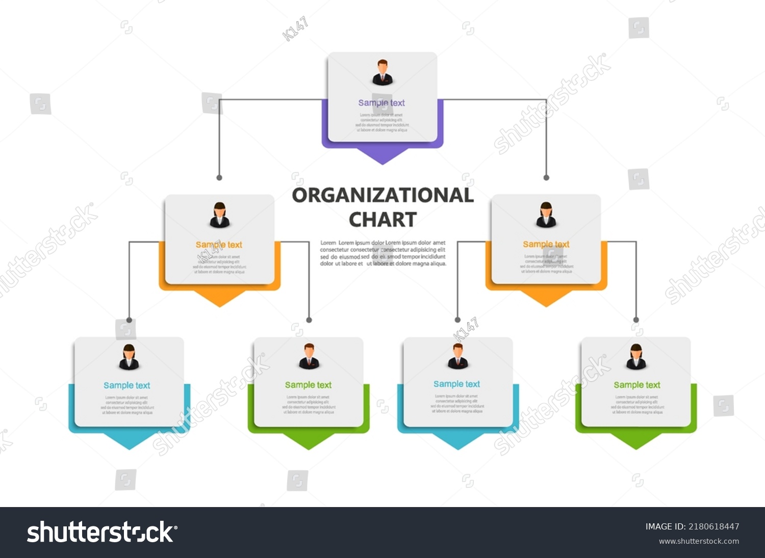 Corporate organizational chart with business avatar  icons. Business hierarchy infographic elements. Vector illustration #2180618447