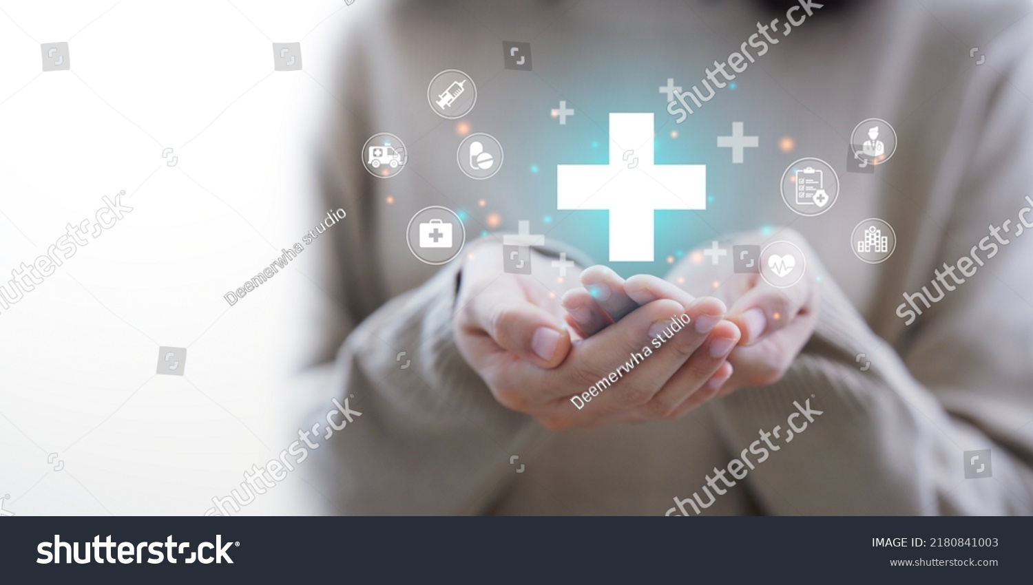 Woman hand holding plus icon for the healthcare medical icon. Health insurance health concept. access to welfare health and copy space, #2180841003