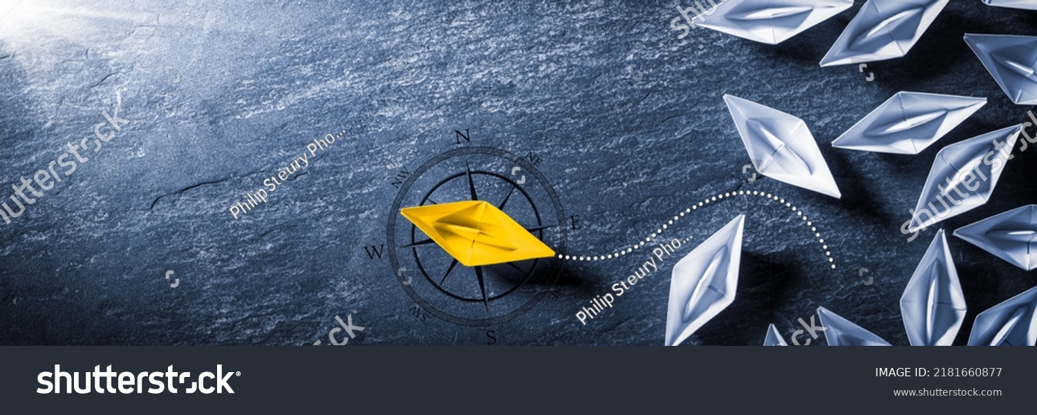 Yellow Paper Boat With Compass Leaving Group And Changing Direction - Entrepreneur - Business Opportunity #2181660877