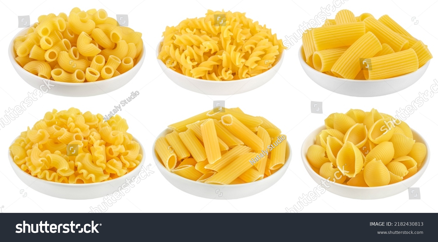 Uncooked dried conchiglie in ceramic bowl. Raw organic shell pasta isolated on white bachground with clipping path and full depth of field #2182430813