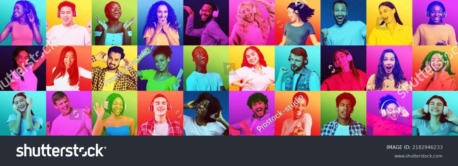 Facial expressions and emotions of people. Glad bright young different people in headphones dance, listen music, sing, have fun and enjoy free time on colorful background, studio, panorama, collage #2182946233