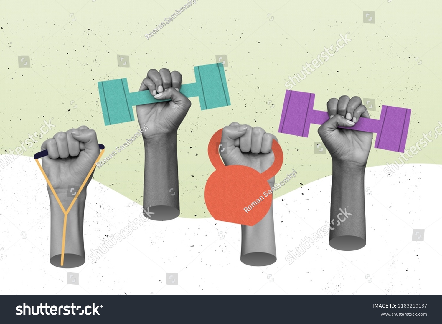Poster collage of sportsman arms raise fitness tools health life body development concept isolated paint color background #2183219137