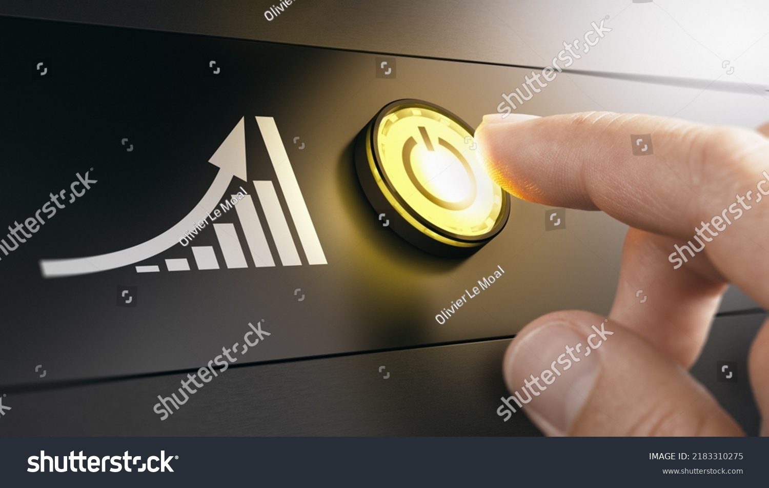 Image pressing a yellow start button to boost the traffic of a website. Concept of improving performance with SEO strategy.  #2183310275