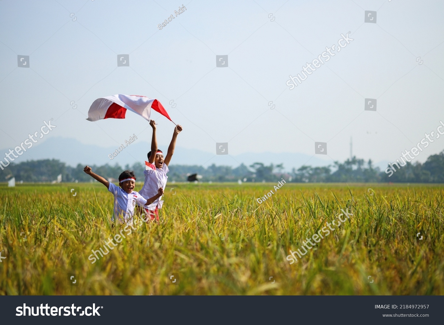 Indonesian school students wearing uniform are raising their hands while holding red white flag in the midst of the rice field. Celebrating independence day. #2184972957