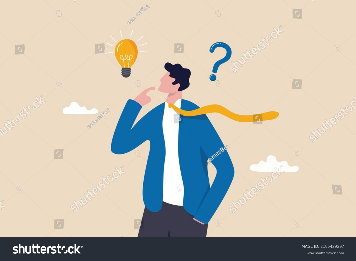 Solution to solve problem, asking question and answer, discover idea, solving business difficulty concept, thoughtful businessman think of solution to solve problem with lightbulb and question mark. #2185429297