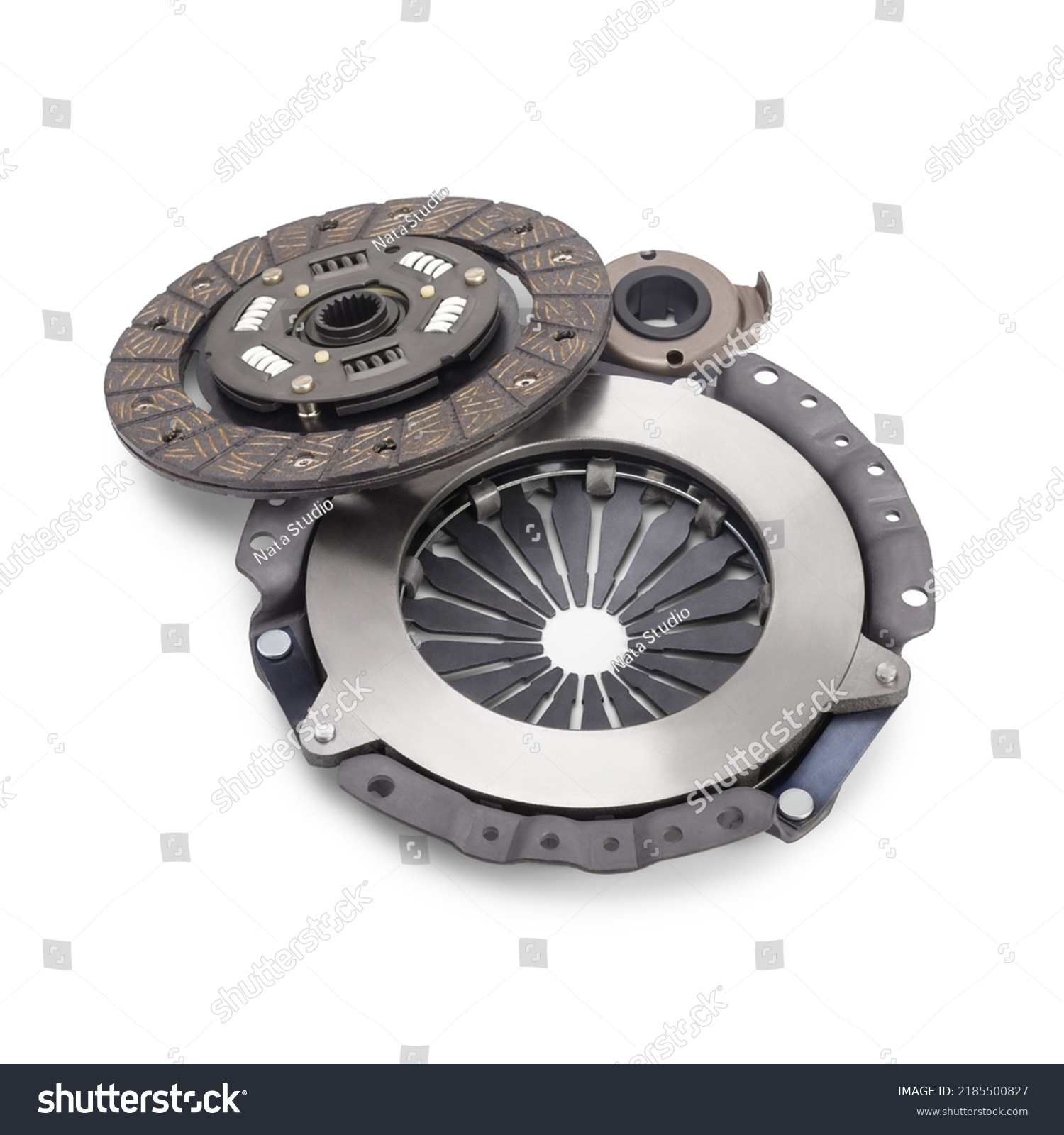 Clutch basket and disc of manual gearbox car isolated on white background. Car clutch repair kit. Automotive spare parts. #2185500827