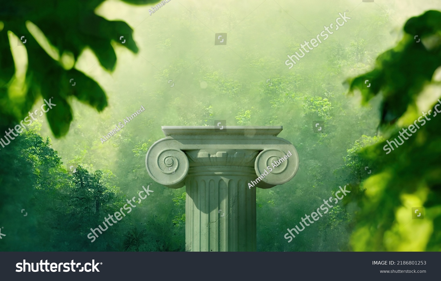 Pillar column ancient Greek in a sunny green forest #2186801253