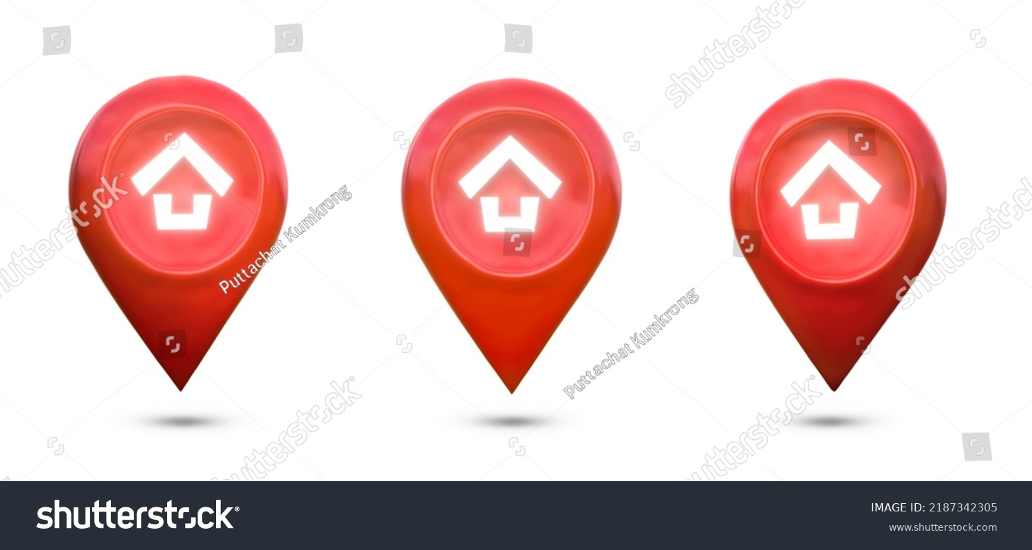 Collection, House symbol with red location pin icon on white background. real estate sale or property investment concept, Buying new home for family - 3d illustration. #2187342305