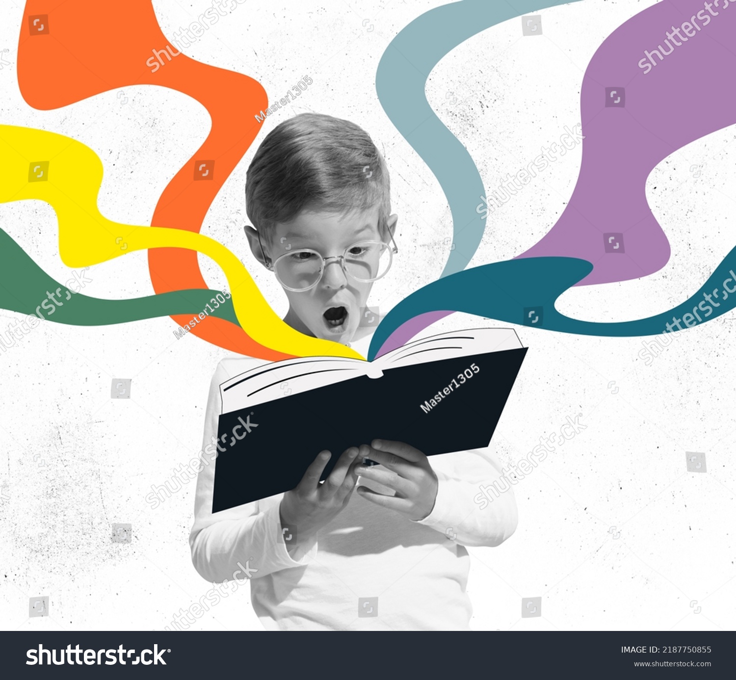 Adventure story. Surprised little boy with shocked expression reading book, story isolated over colorful background. Concept of education, childhood, imagination, artwork, inspiration and ad #2187750855