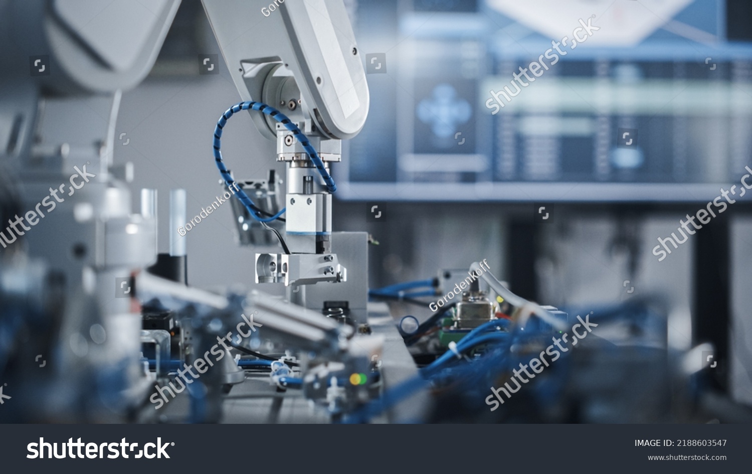 Robotics Industry Four Engineering Facility Robot Arm Moving at Different Directions. High Tech Industrial Technology Using Modern Machine Learning. Mass Production Automatics. Close Up #2188603547