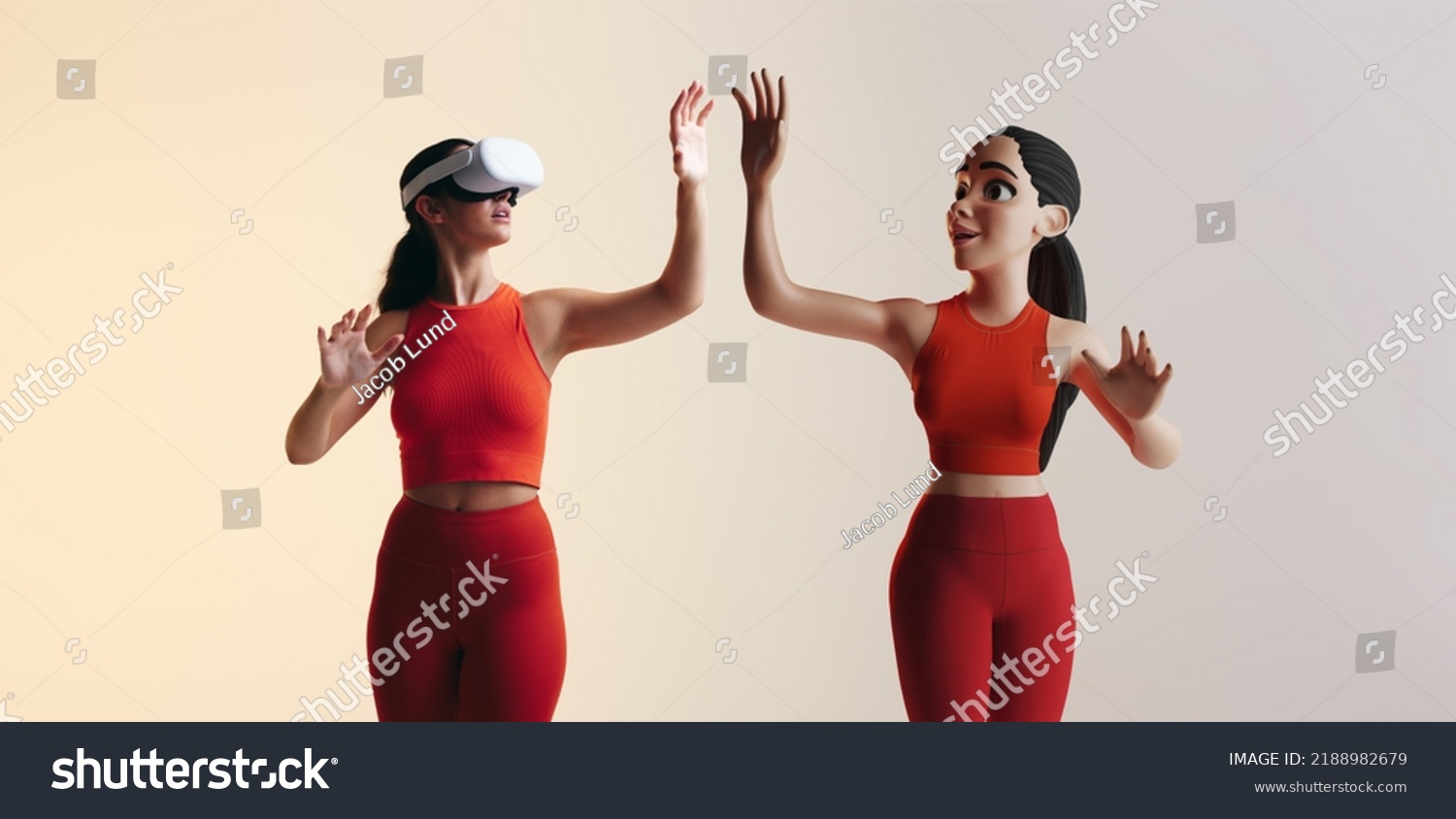 Getting into the metaverse. Sporty young woman playing virtual reality games as a 3D avatar. Young woman interacting with immersive technology using a virtual reality headset. #2188982679