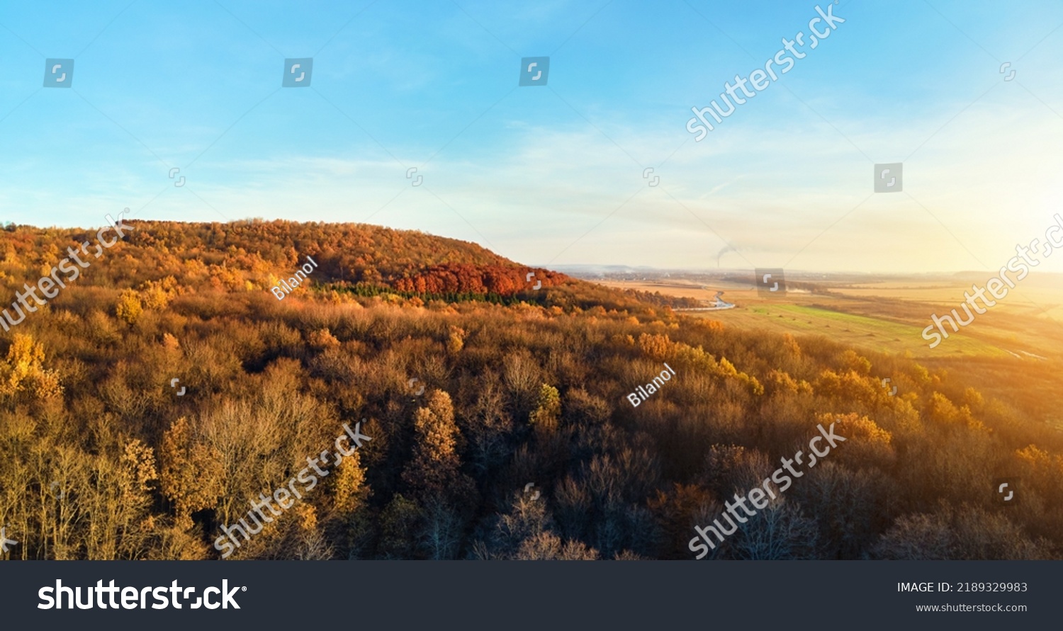 Aerial view of hills covered with dark mixed pine and lush forest with green and yellow trees canopies in autumn mountain woods at sunset. Beautiful autumnal evening landscape #2189329983