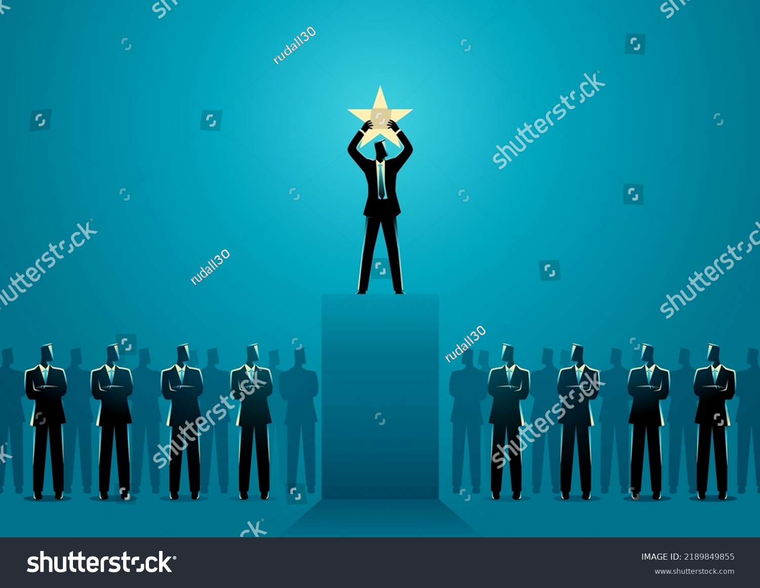 Businessman holding up a star on stage, leadership, top performer concept #2189849855