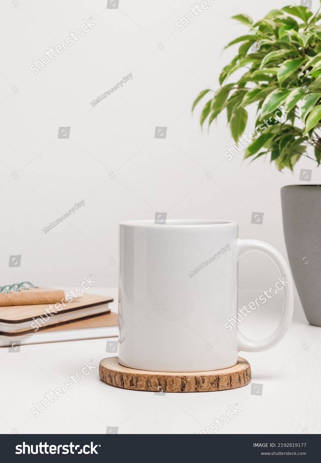 Mockup mug with notepads and houseplant at the background. Mug with copy space for logo and brand, mug for the office or education #2192819177