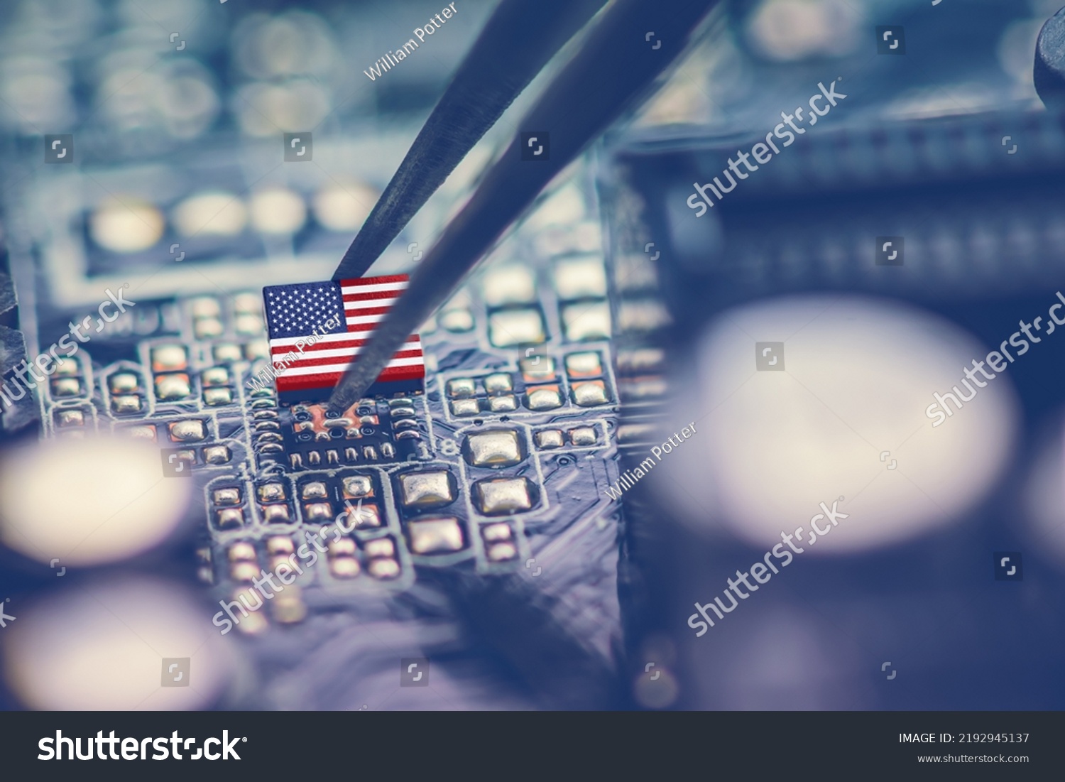Flag of USA on a processor, CPU Central processing Unit or GPU microchip on a motherboard. Congress passes the CHIPS Act of 2022 to strengthen domestic semiconductor manufacturing, research and design #2192945137