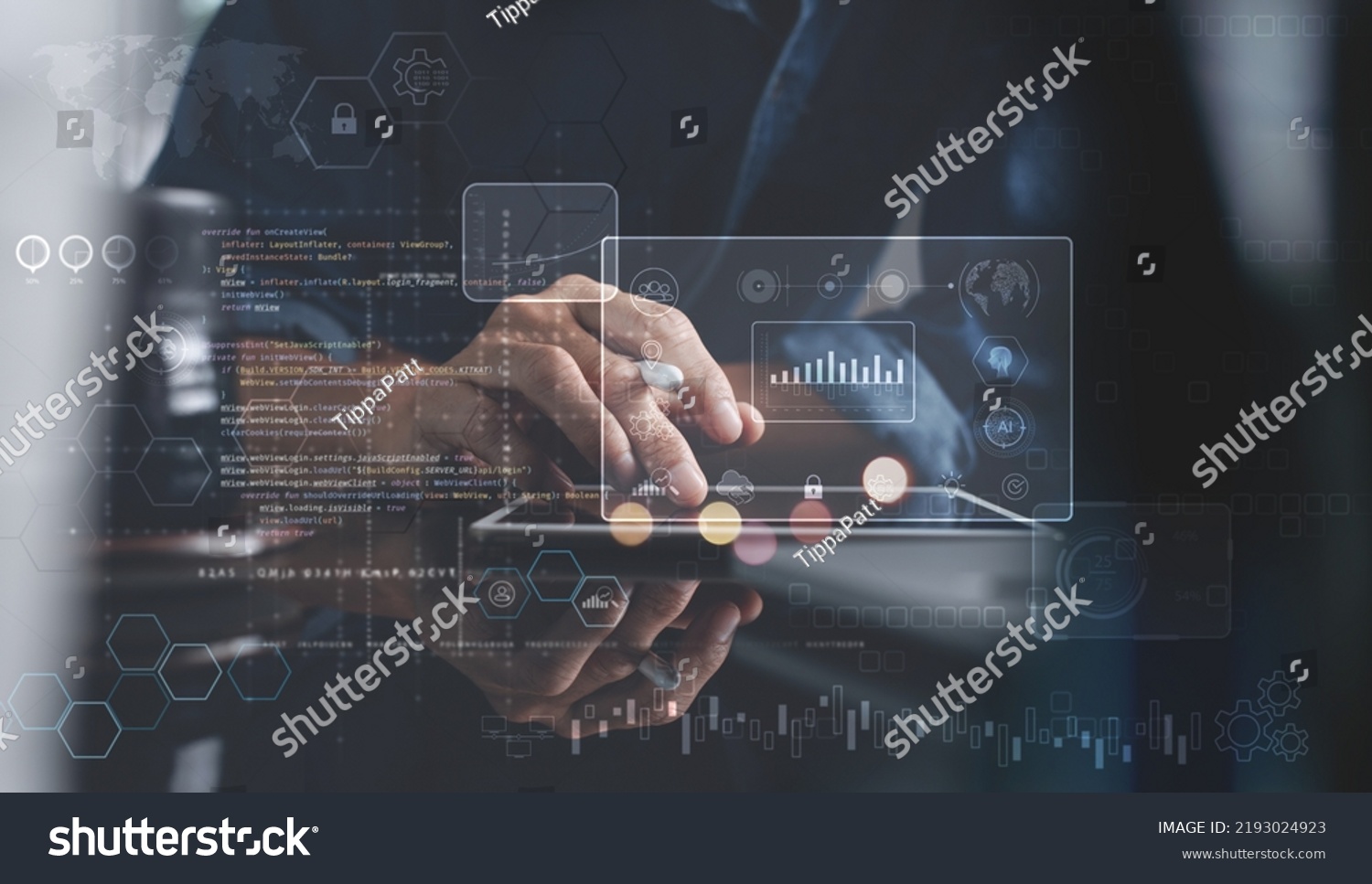 Data science. Man programmer using digital tablet computer analyzing and develop software on futuristic virtual interface screen. Algorithm. digital marketing, big data analysis and management #2193024923