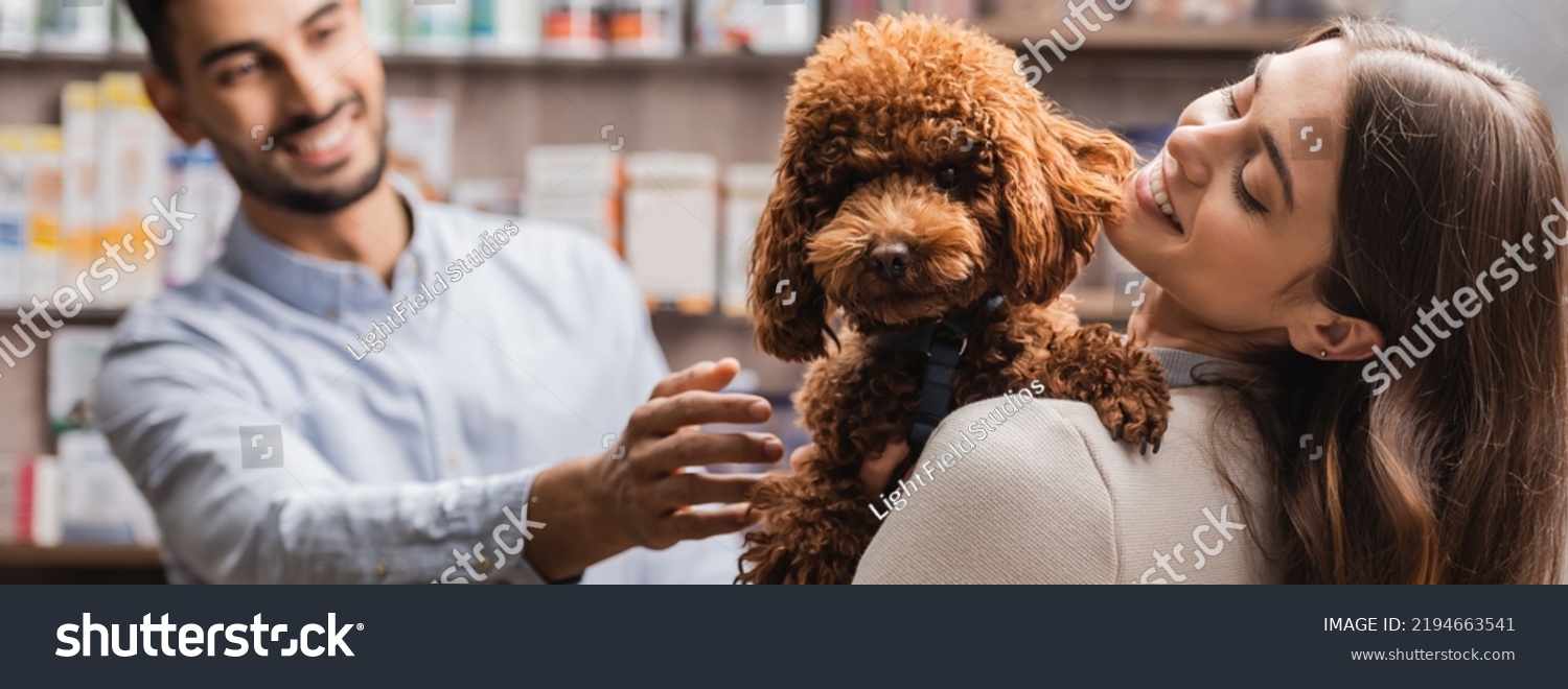 Cheerful woman holding brown poodle near blurred muslim salesman in pet shop, banner  #2194663541