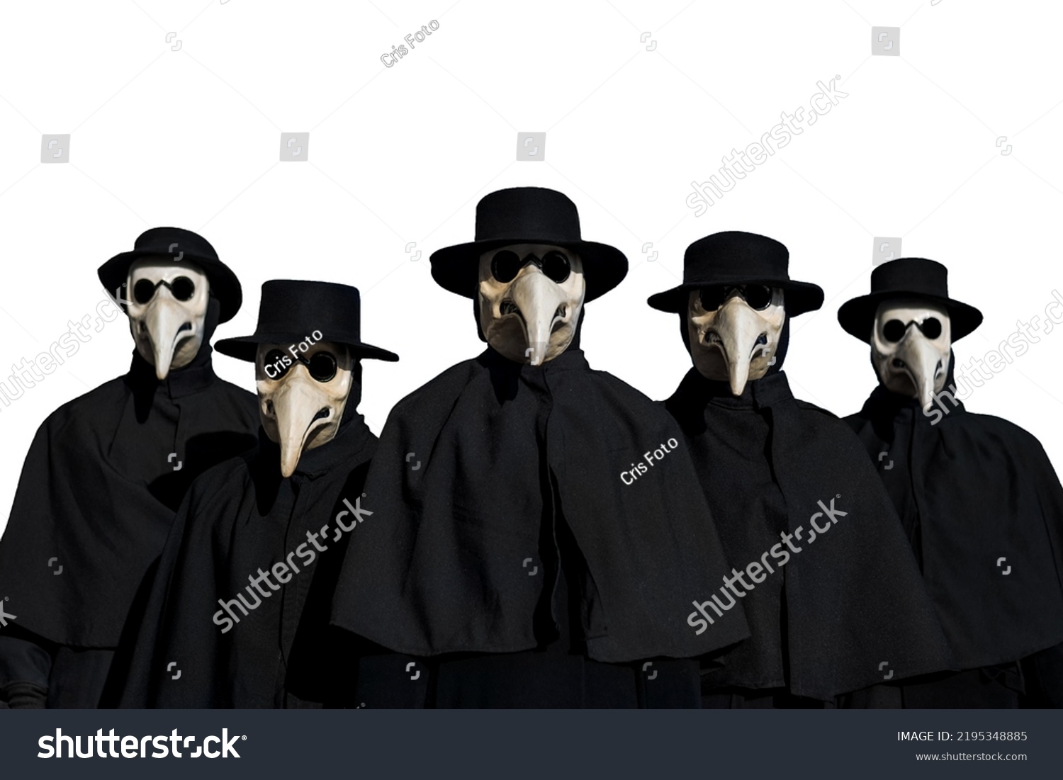 Disease and Fear. Plague Doctor Masks group, traditional costume invented in the 17th century and historical character of Venice Carnival (isolated on white background) #2195348885
